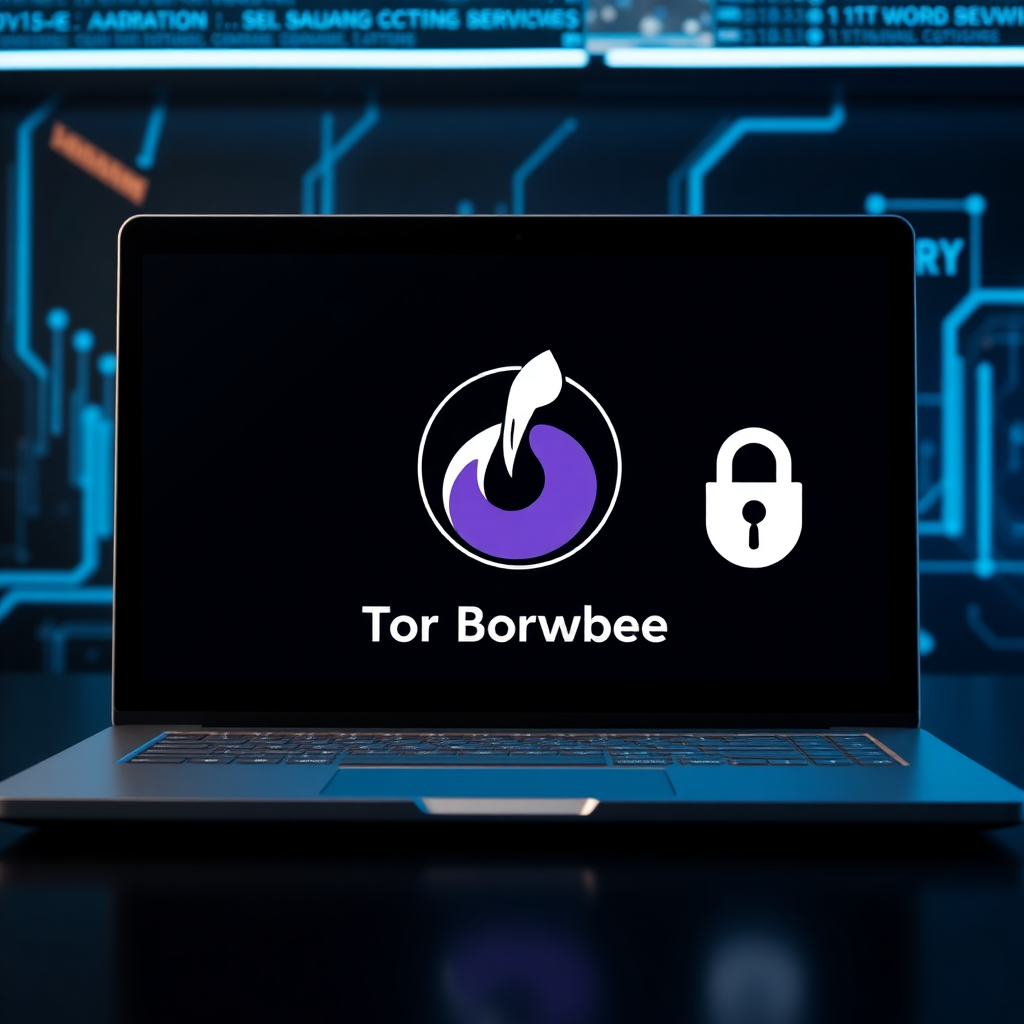 A modern laptop screen displaying the Tor Browser logo and a secure connection padlock, with a dark cyberpunk background