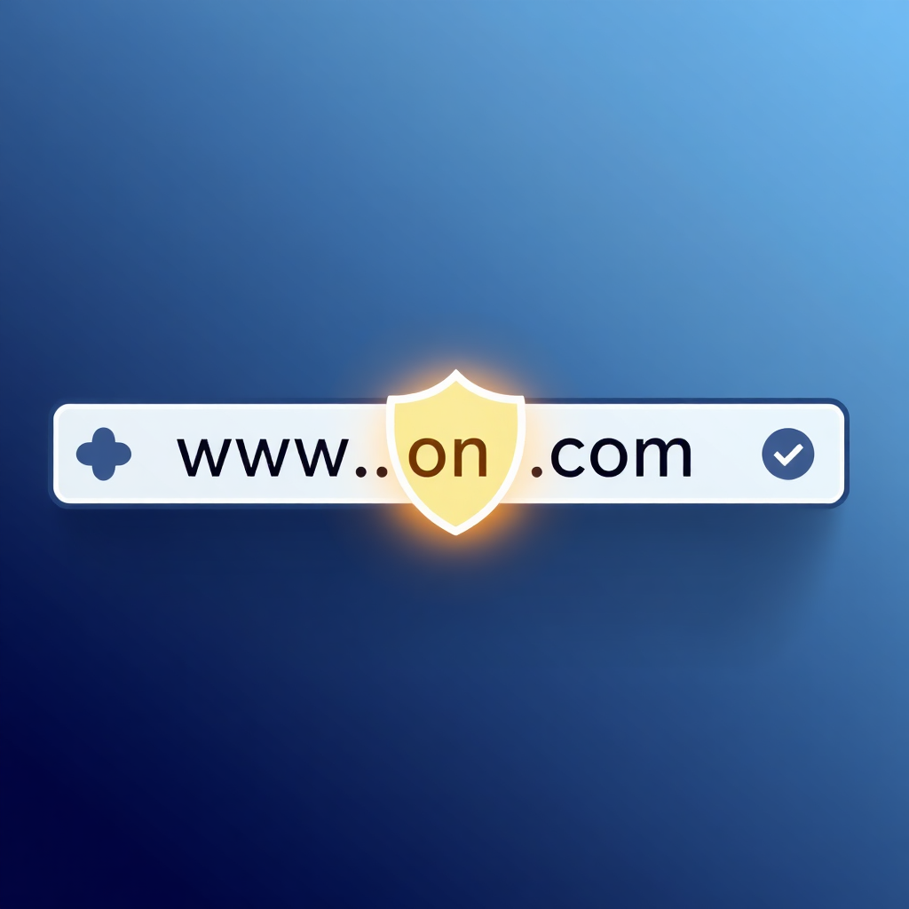 A digital illustration of a browser address bar with a .onion URL, shield icon, and a glowing verification checkmark