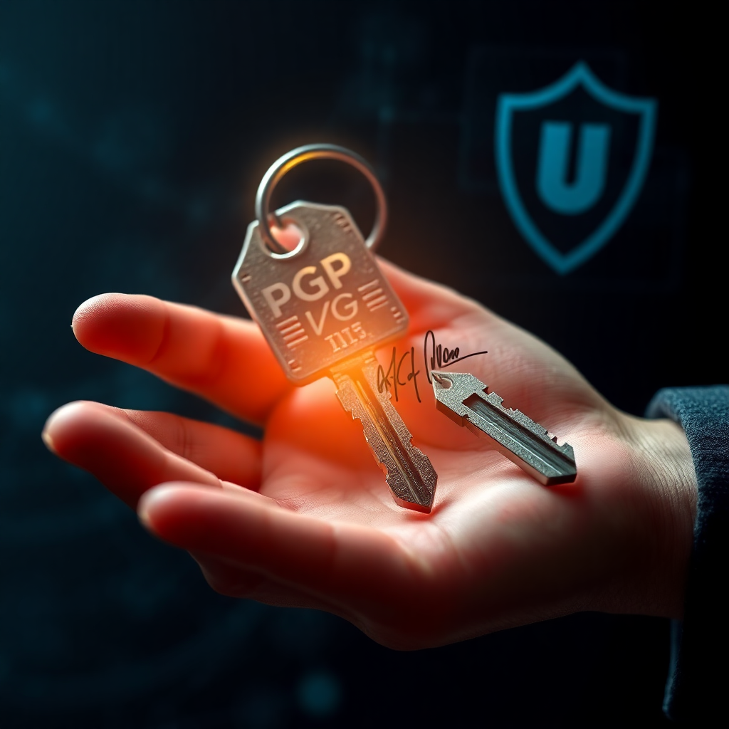 A digital hand holding a PGP key with a holographic signature and a shield, representing cryptographic verification