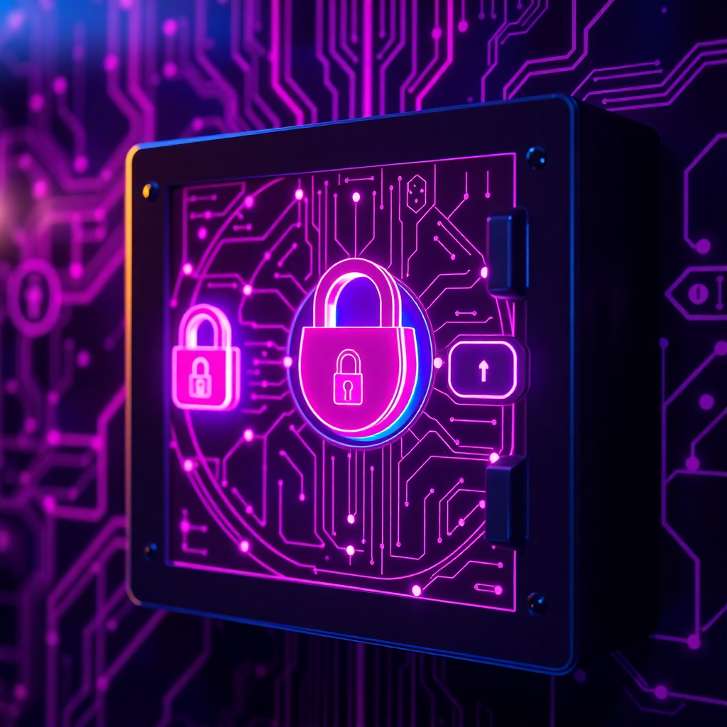 Flugsvamp Onion Security – Illuminated virtual safe with neon pink and purple locks, digital circuit patterns, and holographic encryption layers