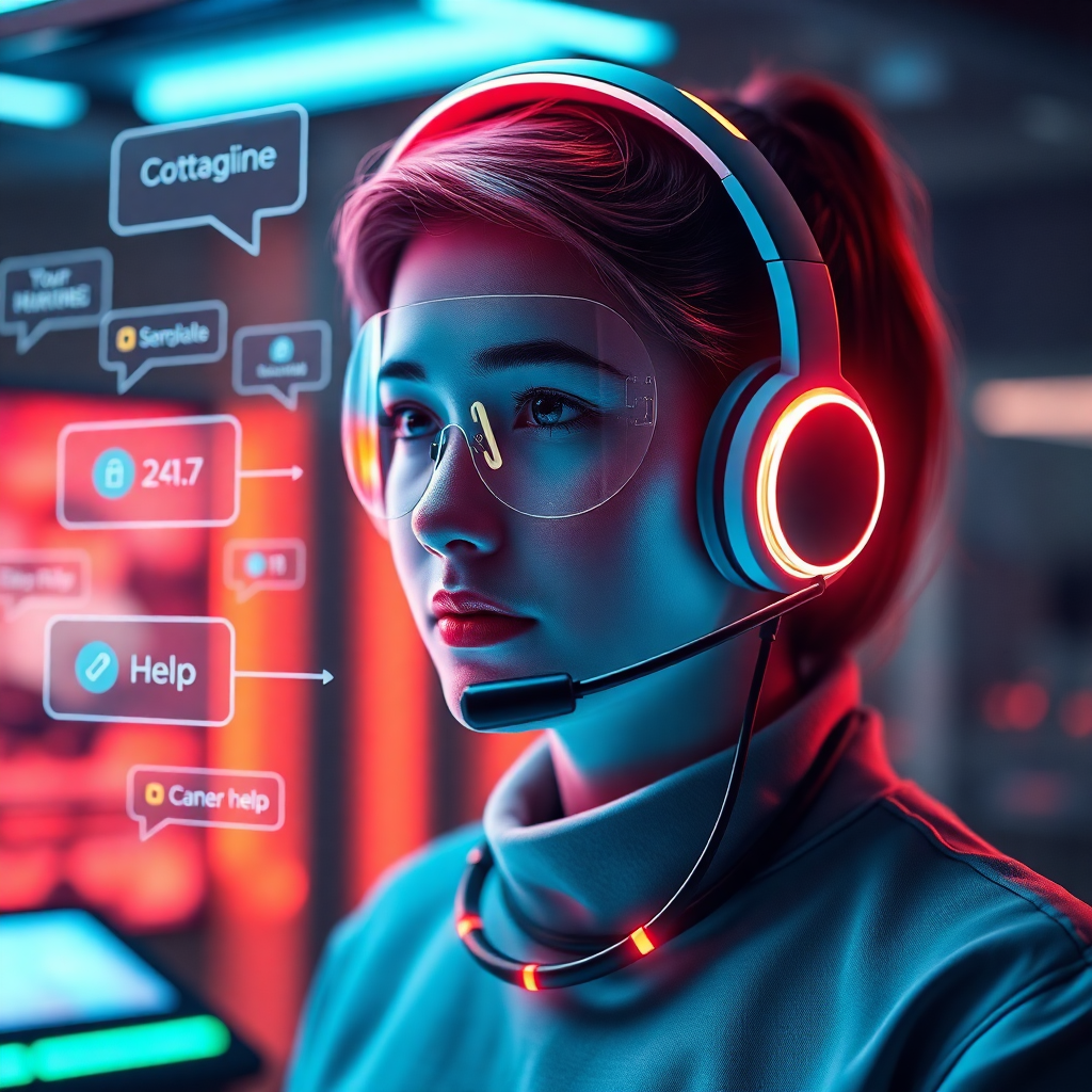 A modern, neon-tinged support station with an illuminated headset and dialogue bubbles, featuring holographic interfaces and secure communication channels, illustrating continuous 24/7 help